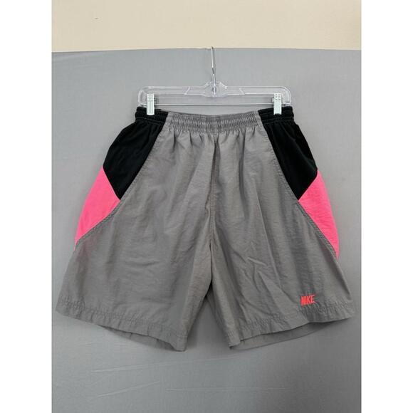 Vintage 80s Nike Swim Trunks Mens Large L Grey Black Pink Swoosh 7 Inseam 1980s - Picture 1 of 11